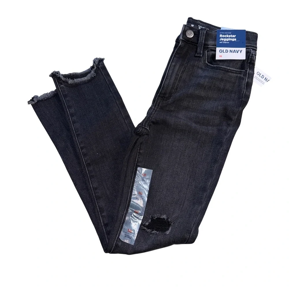 Old Navy Rockstar Jeggings Size 10 Black Extra High‎ Rise Distressed Frayed Hem